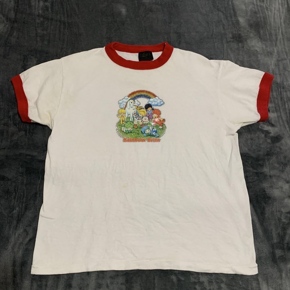 Vintage Rainbow Brite Shirt Womens XL White Red Ringer 80s Cartoon Glitter Tee - Picture 1 of 15